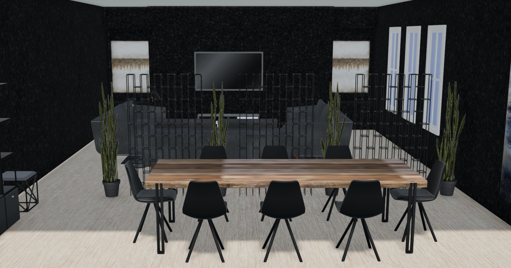 Modern black interior 3D render with large windows